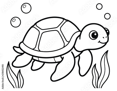Cute little sea turtle swimming underwater with bubbles and seaweed in this simple black and white coloring page