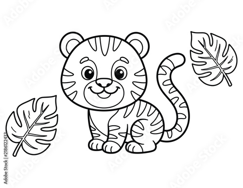 Cute baby tiger sitting with tropical leaves in a fun black and white coloring page for kids