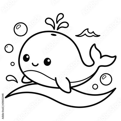 Cute cartoon whale swimming in the ocean waves for a fun and creative printable kids coloring page activity