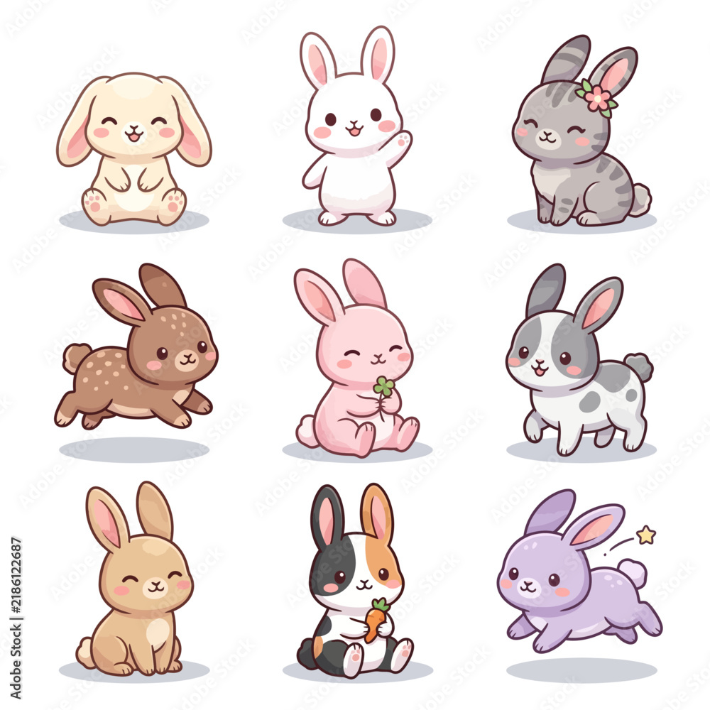 Fototapeta premium Set of Cute Kawaii Rabbit Vector Illustrations, Cartoon Bunny Characters in Various Poses for Easter and Children's Design