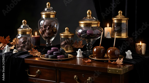 Dark Halloween table display with skulls and treats.