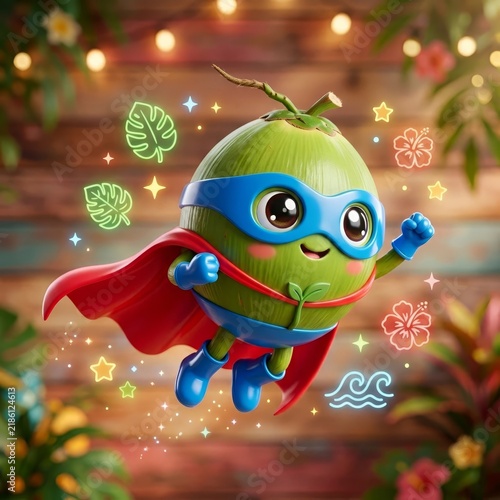 Green Coconut Superhero on Colorful Wooden Background.