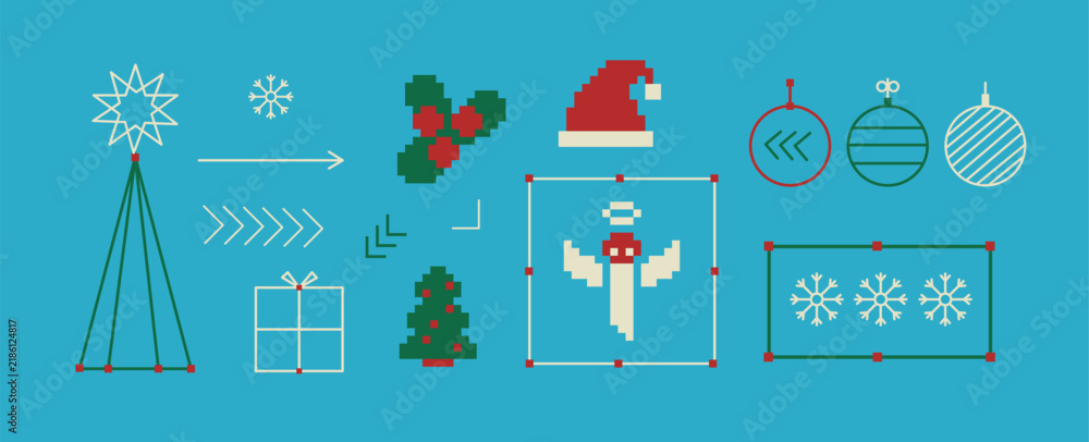 Fototapeta premium Christmas technical and pixel art elements in retro digital style. Wireframe trees, 8 bit angel, Santa hat, holly, ornaments, UI bounding boxes.
