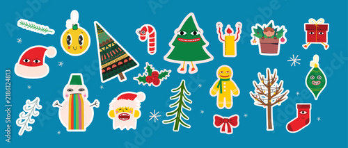 Quirky Christmas sticker set in hand drawn style. Playful festive aesthetic and humorous surreal winter holiday mood.