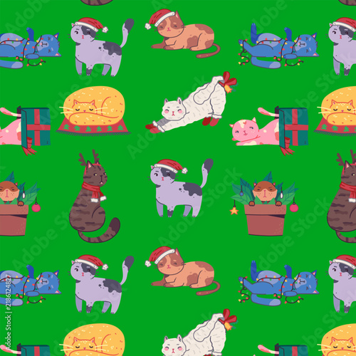Seamless Christmas cat pattern in hand-drawn style. Feline elements: cats in Santa hats, tangled lights, gifts, reindeer antlers. Playful festive aesthetic and cozy winter holiday mood.