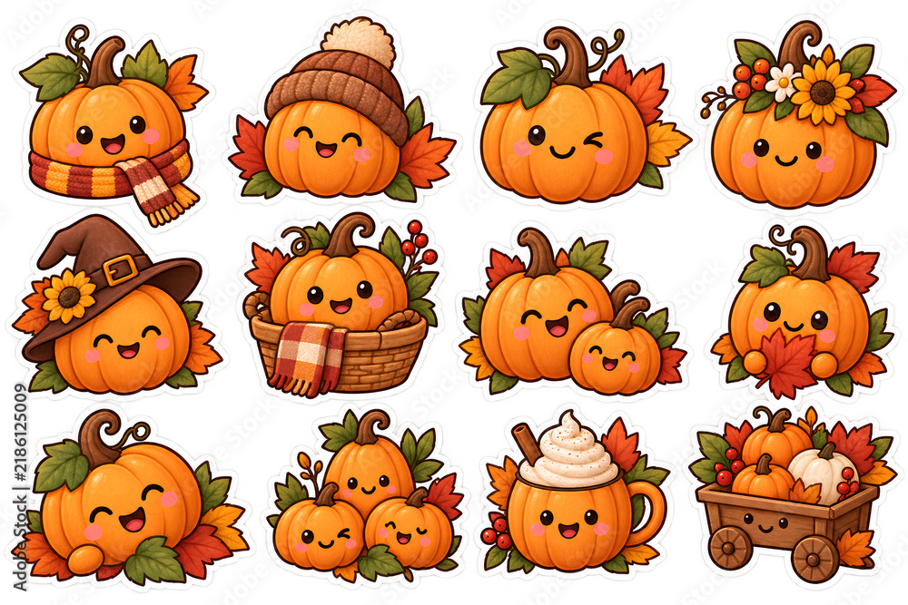 Fototapeta premium Set of cute autumn pumpkin character stickers,