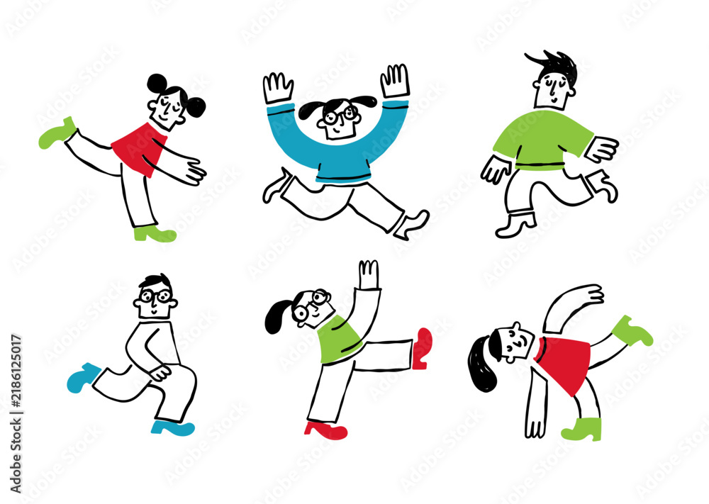 Fototapeta premium Dynamic school kids in abstract line art style. Active children running, jumping, and dancing with colorful clothing blocks.