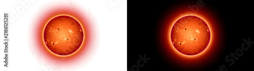 Foto Crimson sun sphere with dark sunspot clusters and vivid layered corona glow perf