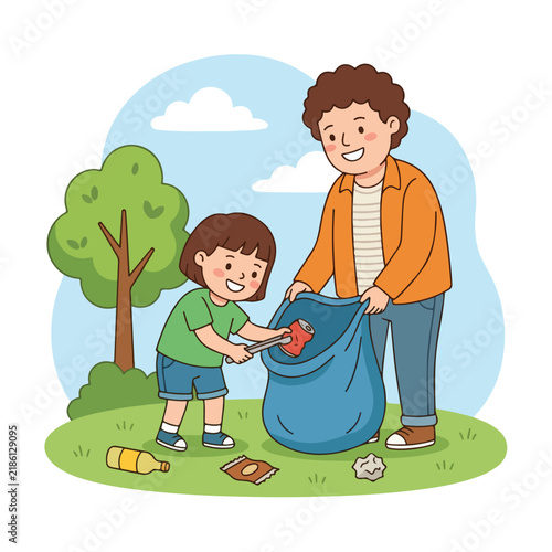 Child and Father Collecting Trash in Park Vector Illustration
