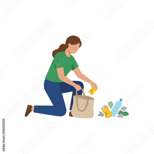 Volunteer Woman Kneeling to Pick Up Plastic Trash and Aluminum Cans for Environmental Cleanup Vector