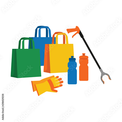 Flat vector illustration of reusable shopping bags water bottles gloves and trash grabber tool