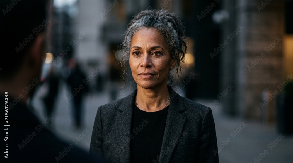 Fototapeta premium Confident woman in business suit, looking forward, urban background, professional portrait