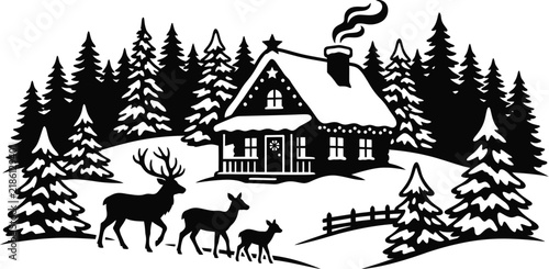 A silhouetted winter scene depicts a cabin evergreen trees deer and a snowy landscape cottage