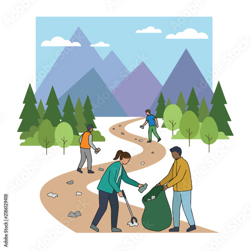 Volunteers collecting trash on mountain trail flat vector illustration