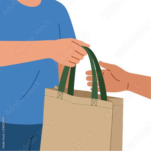 Hands passing reusable shopping bag in flat vector illustration style for delivery and retail concept