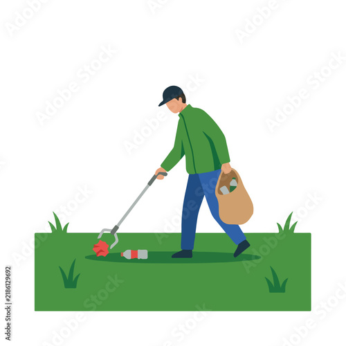 Volunteer picking up litter with trash grabber tool on green grass flat vector illustration