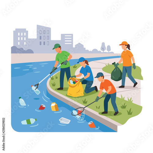 Volunteers Cleaning River and Collecting Plastic Waste Flat Vector Illustration