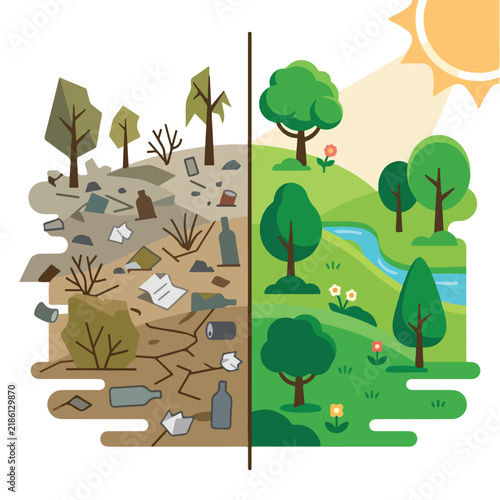 Clean green nature versus polluted barren wasteland split concept flat vector illustration