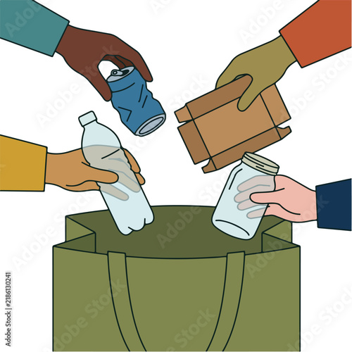 Diverse hands putting recyclable plastic glass metal and paper trash into reusable green bag vector illustration