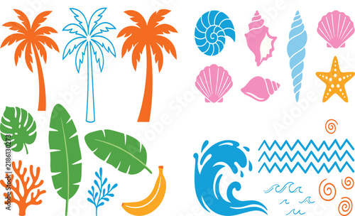 Cute Kawaii Summer Vacation Vector Set with Palm Trees, Seashells, Tropical Leaves, Sea Waves, Starfish, Coral, Banana, and Beach Graphic Designs
