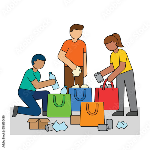 Diverse volunteers sorting trash and recycling waste into colorful bags flat vector illustration