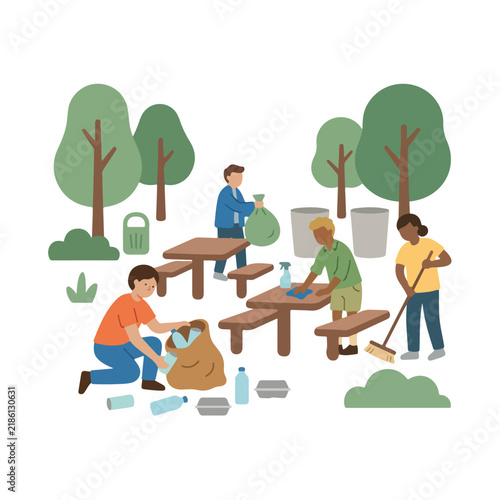 Volunteers Cleaning Park Picking Up Plastic Waste Flat Vector Illustration