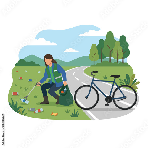 Volunteer cleaning up plastic trash and roadside litter into garbage bag flat vector illustration
