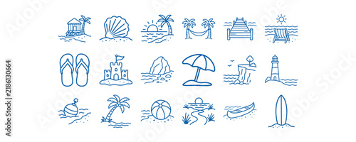 Collection of blue hand drawn summer beach and tropical vacation icons on white background.