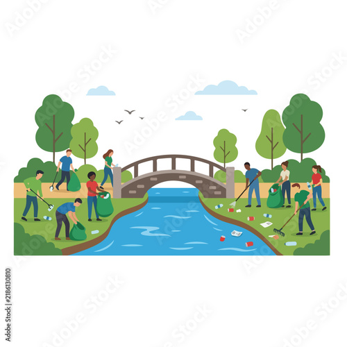 Volunteers cleaning park river flat vector illustration