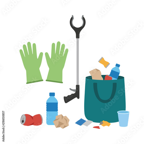 Trash Cleanup Equipment with Grabber Tool Protective Gloves and Reusable Bag Vector Illustration