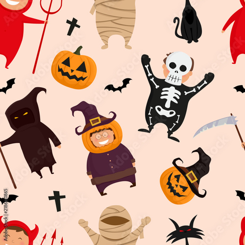 Halloween seamless pattern with cute halloween characters. Vector illustration.