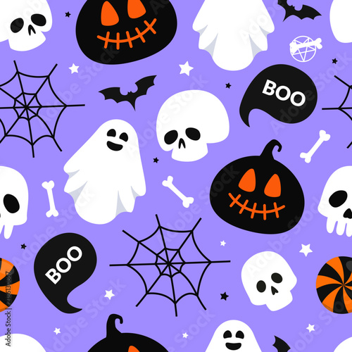 Halloween seamless pattern. Cute ghost, pumkin and skull. Decor for backgrounds, textile, fabric, clothing, banner, cover. Vector illustration.