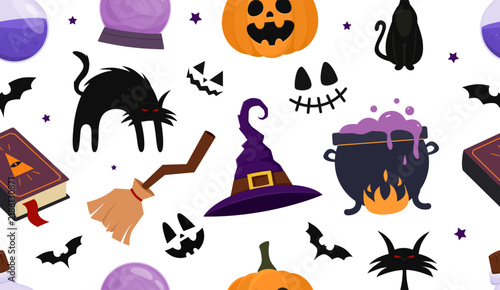 Halloween seamless pattern. Festive and spooky design with magic elements, witch hat, magic book, witch cauldron, broom, magic potion. Vector illustration.