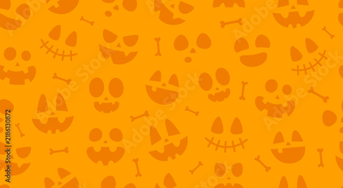 Halloween seamless pattern with faces pumpkin on ogrange background. Vector illustration.
