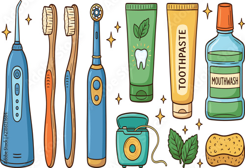Cute Kawaii Dental Care Vector Set with Water Flosser, Toothbrushes, Electric Toothbrush, Toothpaste, Mouthwash, Dental Floss, Mint Leaves, Sponge, and Hygiene Graphic Designs