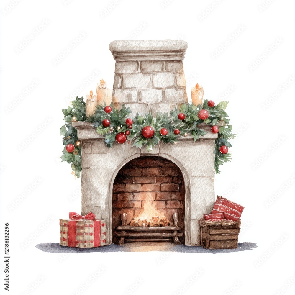 Obraz premium Cozy fireplace with festive decorations.