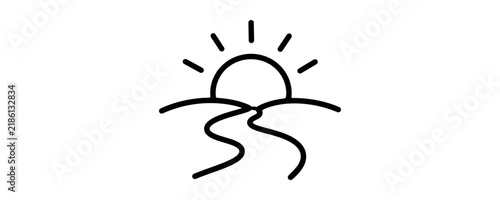 Minimalist black line art icon of a rising sun over hills and a winding path.