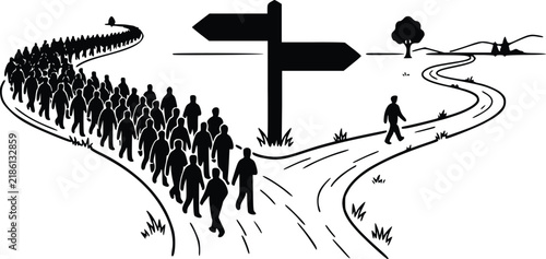 Leader choosing different path than large crowd showing business metaphor of innovation courage independence and unique personal success strategy direction