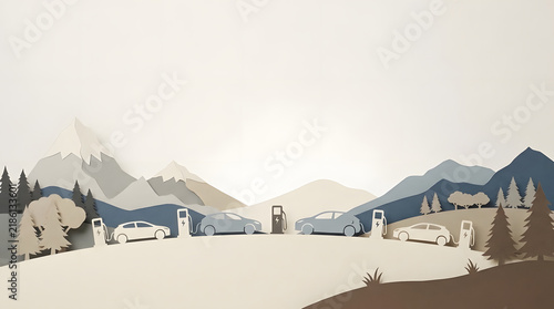 Electric cars charging in mountain landscape illustration.