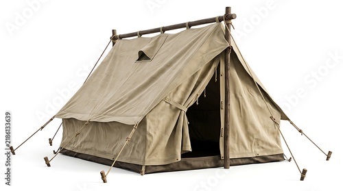 Classic canvas wall tent isolated on white background.