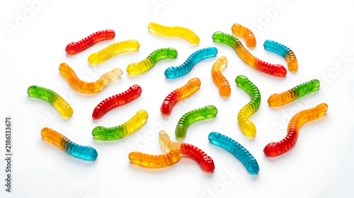 Colorful Assorted Gummy Worms Scattered on White Background.