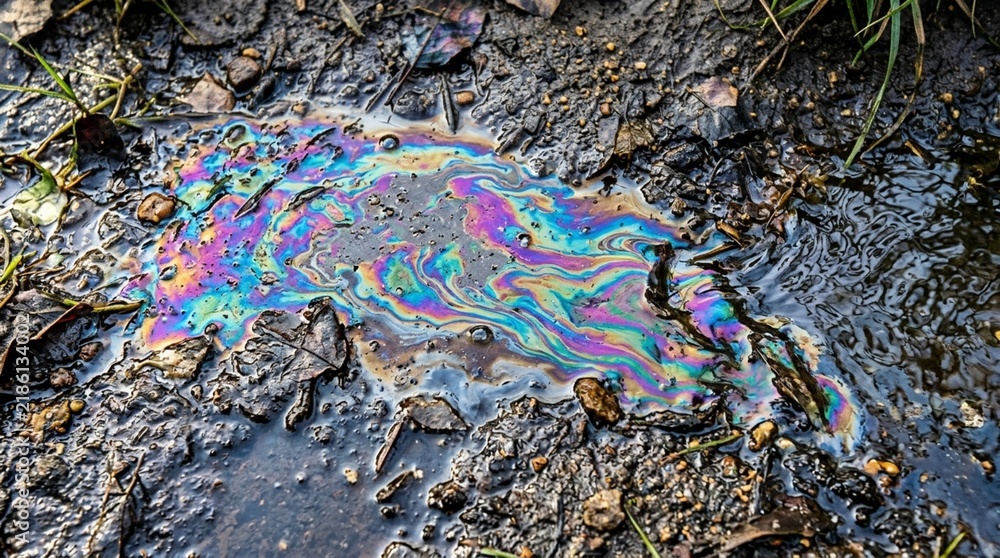 Obraz premium Iridescent Oil Slick on Wet Ground with Rainbow Colors