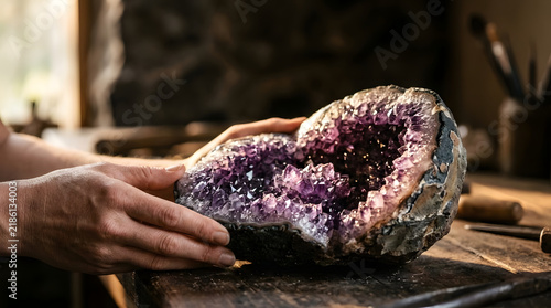 Hands holding amethyst geode