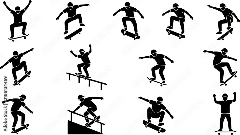 Fototapeta premium Skateboarding Silhouette Icon Set – Tricks & Extreme Action Vector Bundle. Black flat clipart for action sport and extreme sport brands, editable scalable icons, commercial stock use.