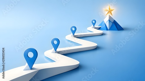 Strategic roadmap path winding towards a mountain peak with location pins and a glowing star representing business goals