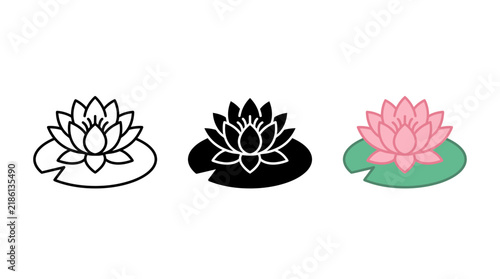 Pink water lily blossom on green lily pad icon collection