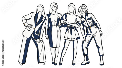 Female Fashion Figure Group Continuous Single-Line Vector Art, Minimal Technical Drawing Illustration