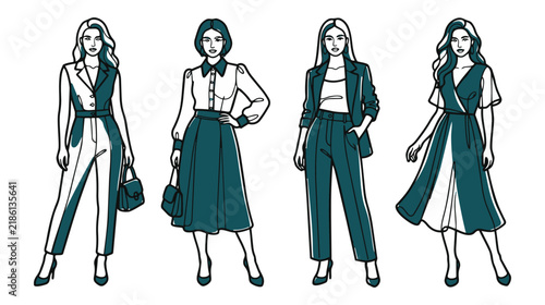 Women Group Continuous Line Vector Art, Elegant Fashion Figures in Minimal Technical Drawing Style
