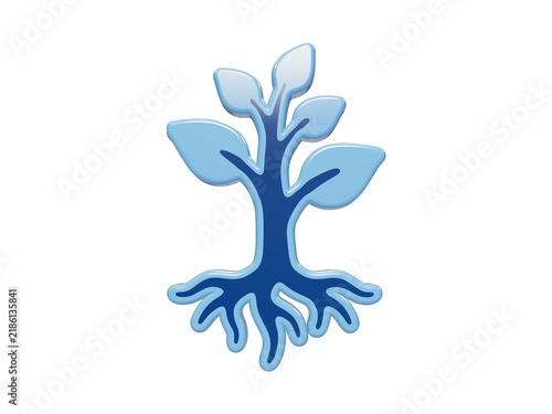 3D rendered blue plant icon featuring visible roots and leaves, stylized botanical symbol for environmental concepts isolated on a transparent background
