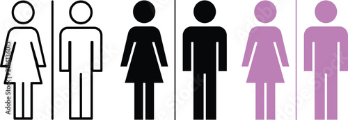 Set of male and female restroom sign icons in black, white, and purple colors on white background